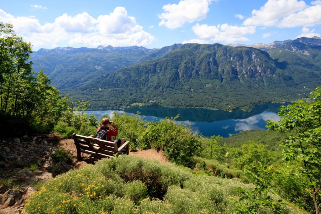 a man sitting on a bench overlooking a lake