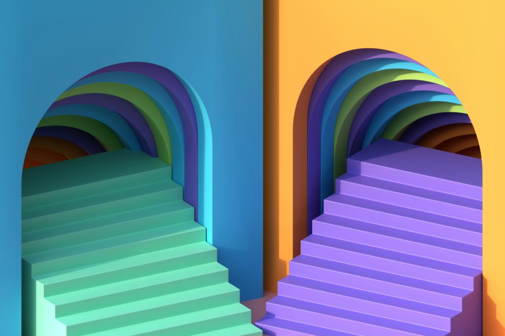 two flights of stairs made out of coloured paper